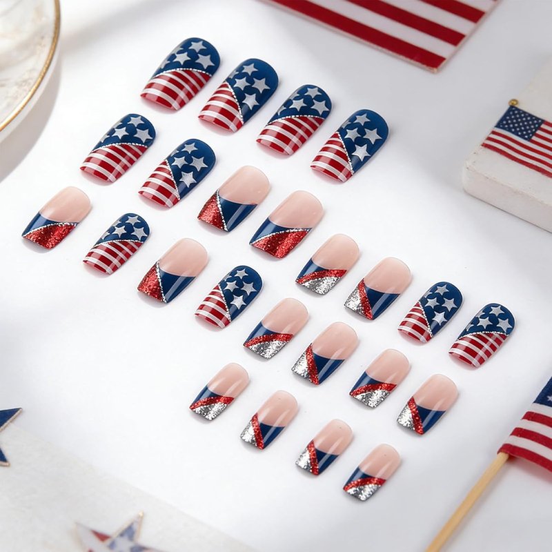 Press On Nails - Medium Square Red White Stripes & Silver Glitter | 24Pcs Full Cover Independence Day French Tip