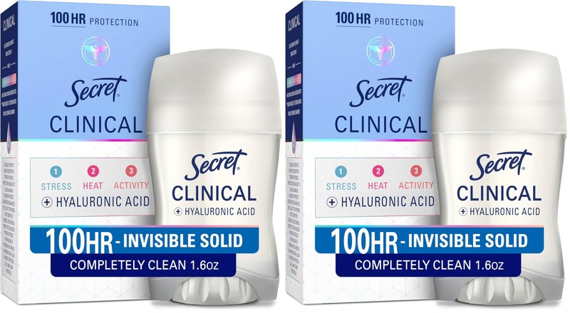 Secret Clinical Strength Antiperspirant Deodorant for Women, 3X Stress Protection, 72hr Sweat & Odor Protection, PH Balancing Minerals, Invisible Solid, Completely Clean Scent, 1.6 oz (Pack of 2)