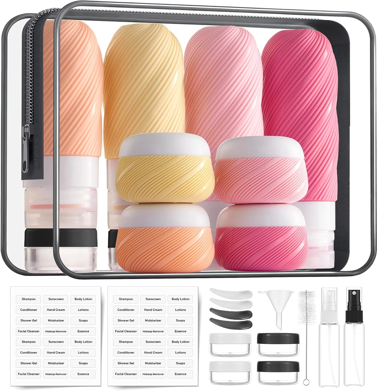 Travel Bottles - 23 Pack TSA Approved Leak-Proof Toiletry Containers | Silicone Squeezable Bottles in Clear Bag, Pink