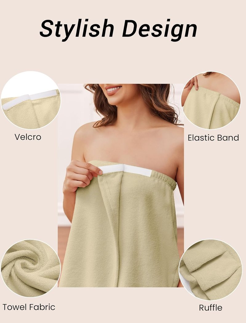 Ekouaer Towel Wrap for Women - Lightweight Velcro Ruffle Shower Spa Robe | Knee-Length Comfort