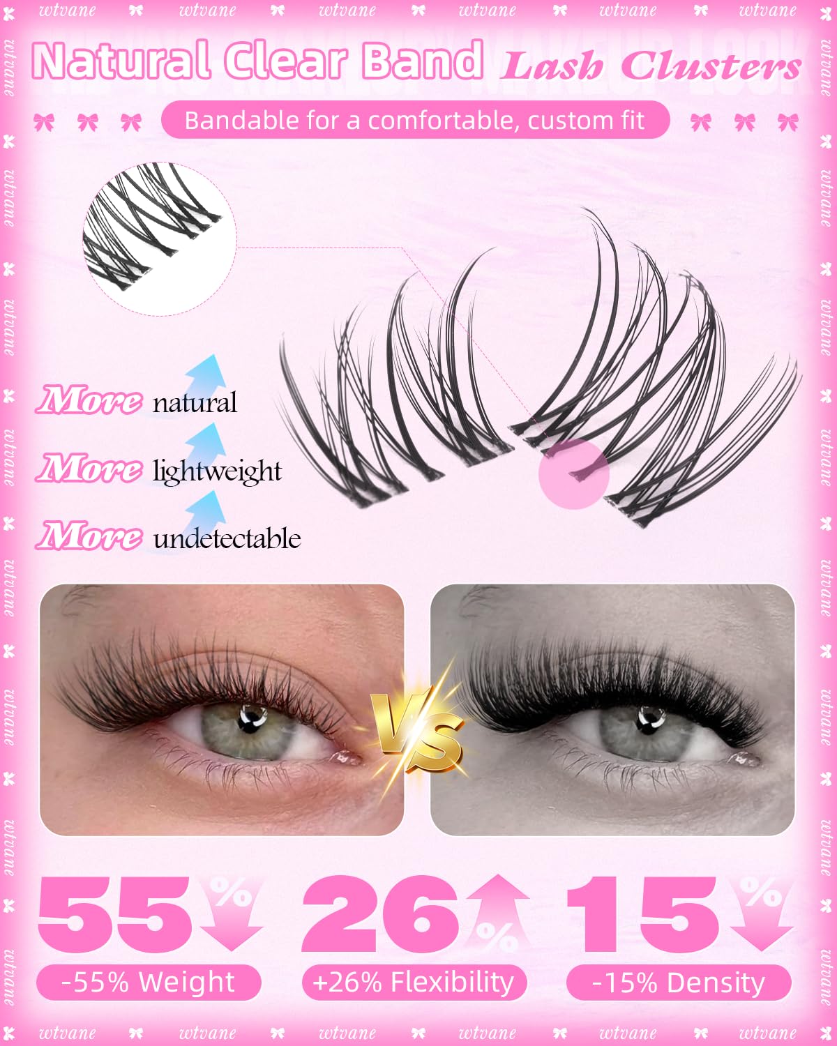 Wtvane Wispy Lash Clusters Short Cluster Eyelash Extensions 8-10mm Natural Lash Extensions Soft Clear Band Lashes Clusters C-Curly Individual Lashes Natural Lash Extensions Look Glasses Friendly