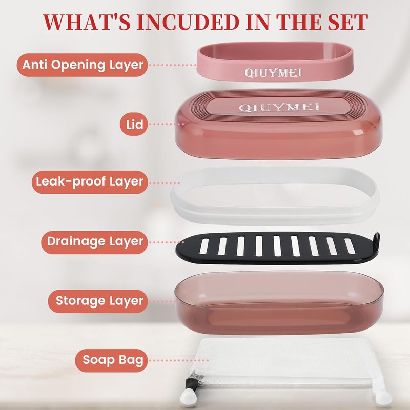 Shampoo Bar Holder - Leakproof Travel Container with Lid & Drain Tray | Includes Silicone Strap & Mesh Bag - Red, Large