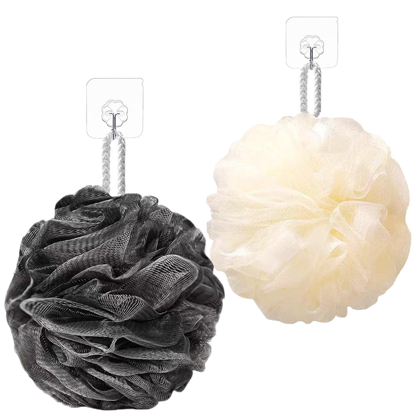 THYUNHE Sunvitae Bath Sponges Loofahs，Shower Puff 80 Grams Large Size，2 Pack Shower Sponge Pouf Ball Exfoliating Cleaning Bath Sponge Shower Loofa Pouf Ball Body Scrubber Balls (Black、Cream)