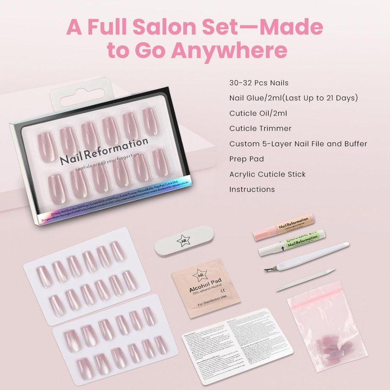 Nail Reformation Press On Nails, Dusty Rose | Mauve Short Coffin Fake Nails with Cat Eye Velvet Finish, Reusable Natural Stick On Nails Kit - 32 Pcs in 16 Sizes with Glue, Manicure Gifts for Women