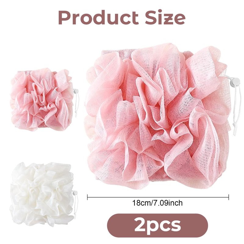 2 in 1 Loofah Sponges 2-Pack Dual-Sided Exfoliating Bath Sponges for Shower & Loofah Washcloth for Bar Soap Premium Body Scrubber with Drawstring for Gentle Skin Smoothing - Pink＆Beige