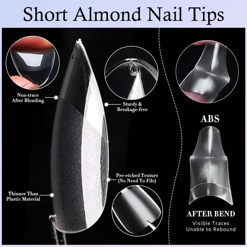 360pc Short Almond Nail Tips, Soft Gel Nail Tip Clear Press on Nail Short Fake Nails Almond, 15 Sizes Full Cover False Artificial Fingernail XS Stiletto Acrylic Nails Tips for Gel Nail Extension