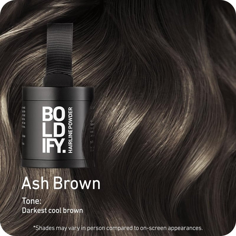 BOLDIFY Hairline Powder (LARGE, 10g) - Water-Resistant Root Touch Up Hair Color for Gray Coverage - 24-Hour Stain-Proof, Mess-Free Hair Powder for Thinning Hair - Ash Brown