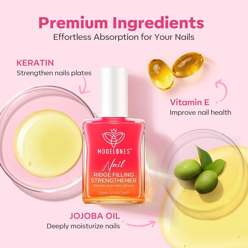 modelones Nail Strengthener Sheer Pink Nail Polish Nail Hardener Extra Strong and Growth Natural Nail Ridge Filler Nail Strengthener for Damaged Nails Repair Gifts for Women 15ml