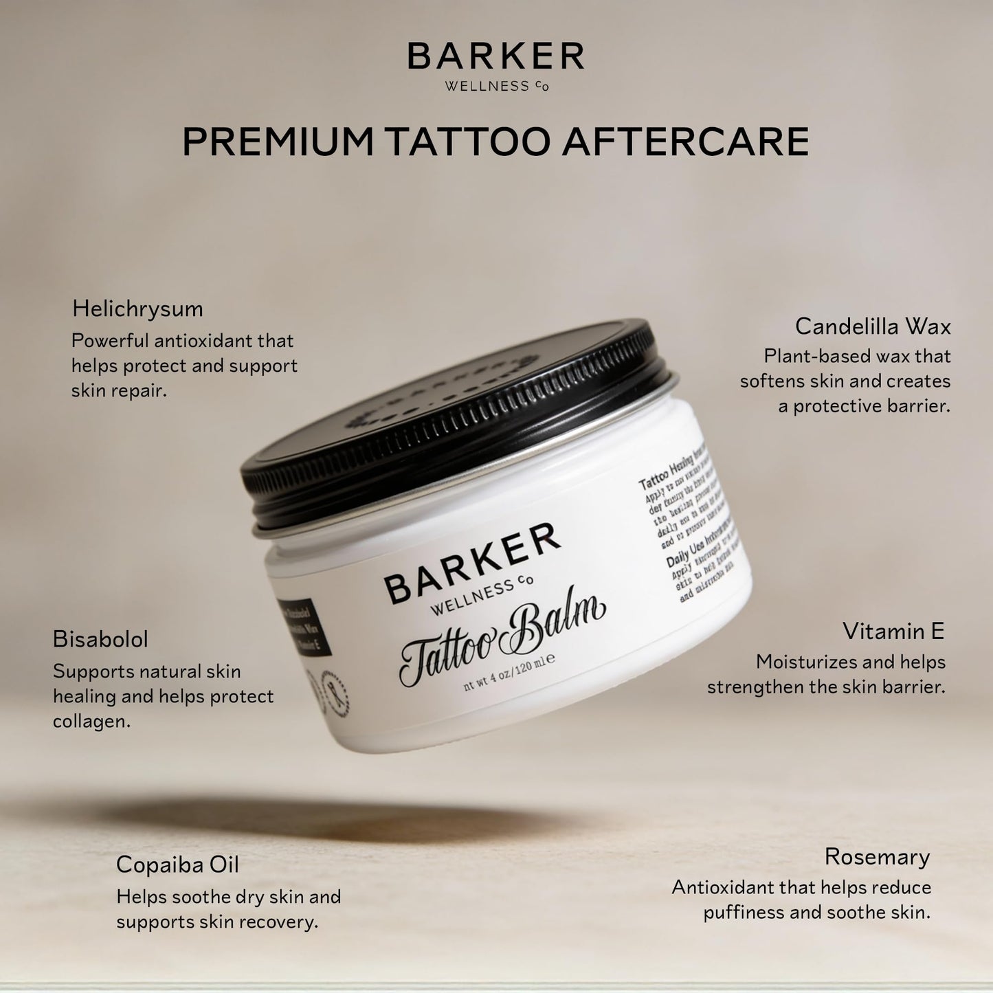Barker Wellness Tattoo Balm - Natural Vegan Aftercare with Bisabolol, Helichrysum & Vitamin E - Brightens Old Tattoos, Protects New Ink, Soothes Healing Skin - Non-Greasy, Petroleum-Free, 4 oz