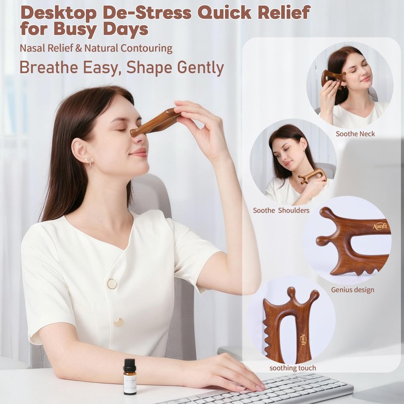 Aurift Wooden Gua Sha Massage Tool for Face & Body – Dual Trigger Point Acupressure Massager for Nose & Eye Area, Manual Muscle Scraper with Ergonomic Grip for Jawline & Neck Relief in Gift Box