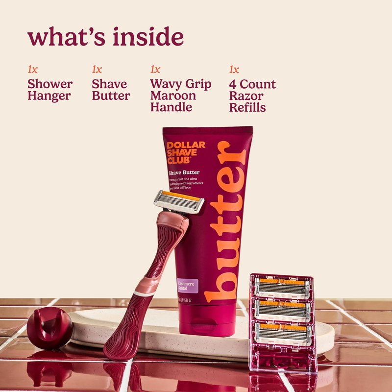 Dollar Shave Club For Women | 1 Maroon Handle, 4 Razor Refills, 1 Cashmere Santal Shave Butter, 1 Shower Hanger | Razors for Women, Womens Razors, Womens Shave Cream