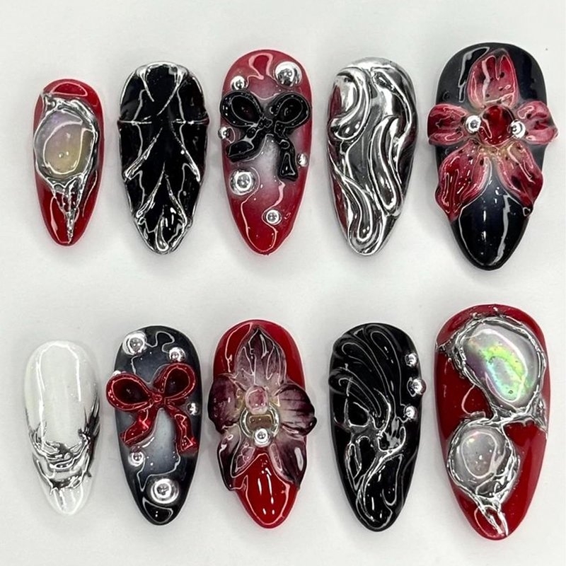 24Pcs Y2K Gothic Press on Nails Medium Almond Handmade Fake Nails Black Red 3D Flower Bow False Nails with Silver Metallic Designs Reusable Acrylic Nails for Women DIY Manicure Decorations