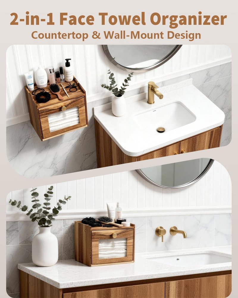 Disposable Face Towel Holder - Acacia Wood Storage Drawer for XL Towels | Bathroom Vanity Organizer & Wall Mount