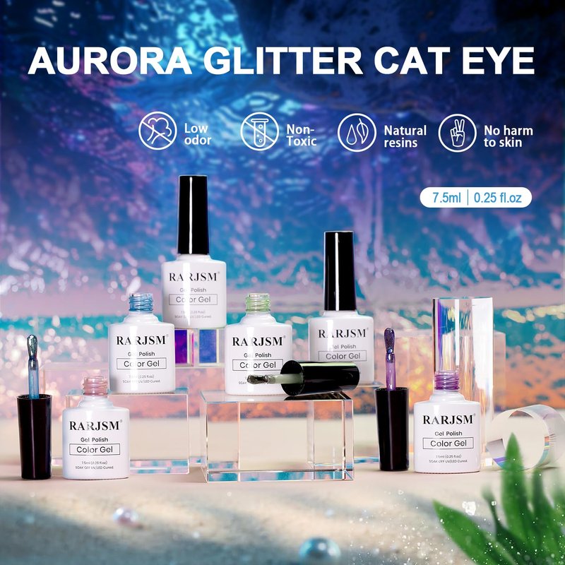 RARJSM Aurora Mermaid Cat Eye Gel Nail Polish Set 6pcs Reflective Pink Purple Green Blue Diamond Ceramic Glitter Glass Cateye Gelpolish with Magnet Stick 7.5ml Curing Requires Soak Off for Home Salon