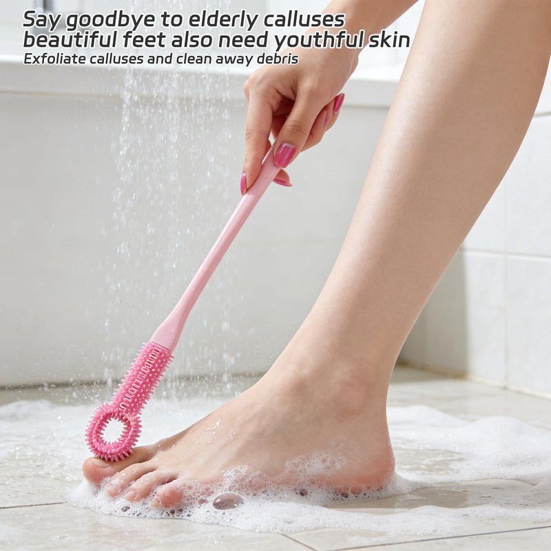 Odetina Long Handle Toe Cleaning Brush for Shower, Soft Rubber Toe Cleaner Between Toes, Exfoliating Foot Scrubber Foot Brush for Seniors, Men, Women - 1 Set (Pink)