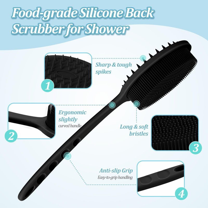 GEENOA Silicone Back & Body & Face Scrubber Set 3PCS, Gentle Exfoliating Back & Body Scrubber with Dual-Side Brush Head, Hygienic Silicone Loofahs with Soft Bristle and Non-Slip Handle(Black-3PC)