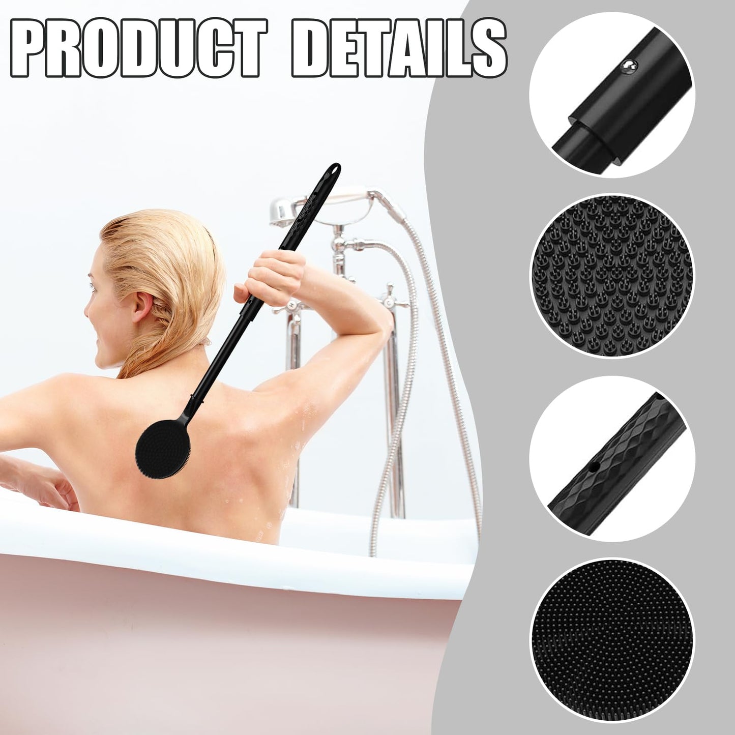 Silicone Back Scrubber for Shower, 16''- 24' Adjustable Long Handle Shower Back Brush, Dual-Sided Body Brush for Exfoliating, Massage & Rich Foam, Perfect Bath Scrubber for Men, Women