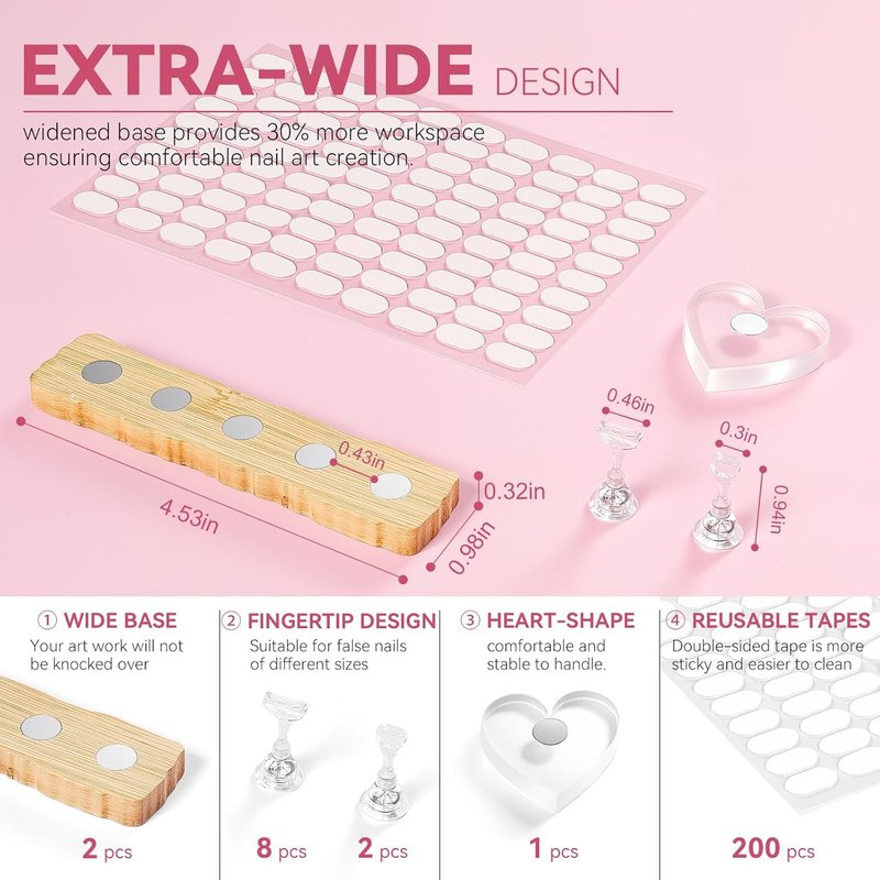Nail Stand for Press On Nails Art Display Practice 2 Sets, 1 Heart Acrylic Magnetic Nail Stands, Fake Nail Holder Tips With 200 PCS Double-Sided Tape, Nail Kit Home DIY Supplies Accessories