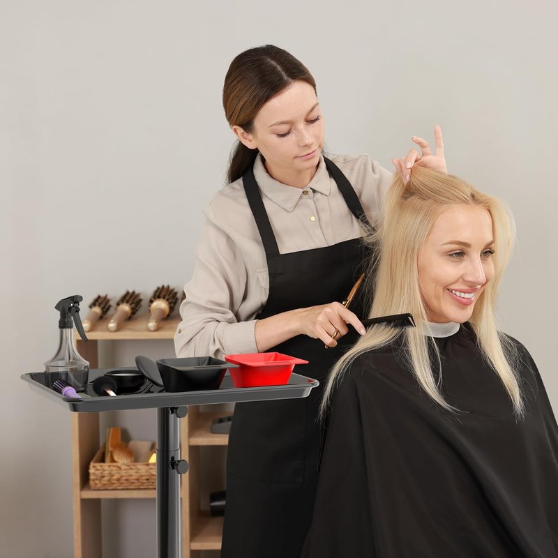 Adjustable Height Rolling Salon Tray - Mobile Trolley with 2 Magnetic Bowls & 10 Disposable Covers | 24-36 Inch, Black