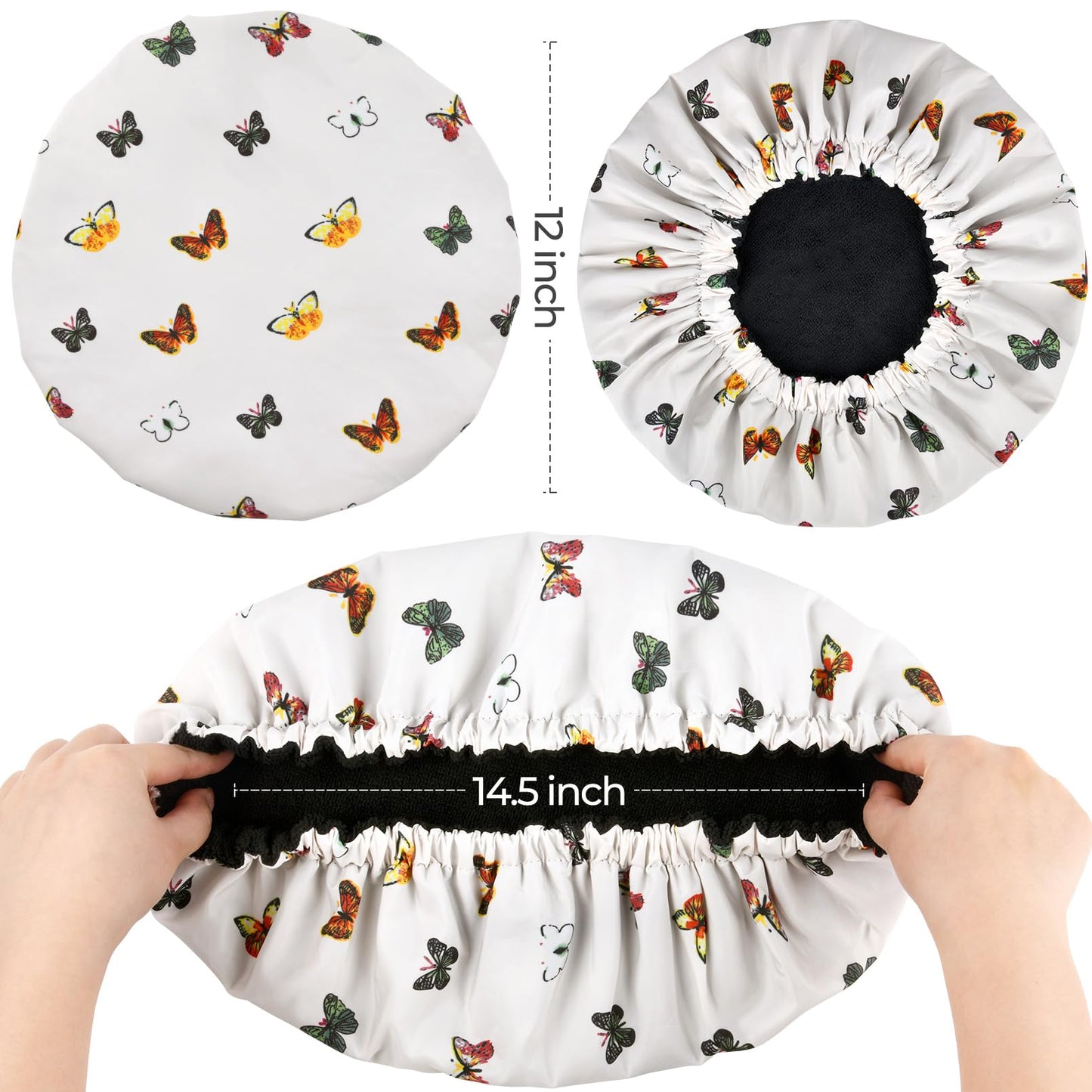 Shower Cap for Women Terry Lined Bath Cap Large Reusable Waterproof Elastic Band Butterfly Shower Caps for Long Thick Hair Soft Bath Shower Hair Caps