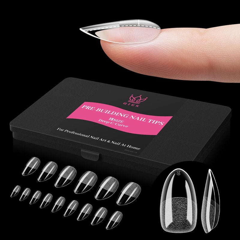 Qiek Short Almond Pre-Building Nail Tips, 15 Sizes 240 PCS Pre-shaped Apex Clear Soft Press On Fake Nail Half Matte Gel Nail Extensions Strong Thick Acrylic Tip for DIY Beginners & Salon Manicure