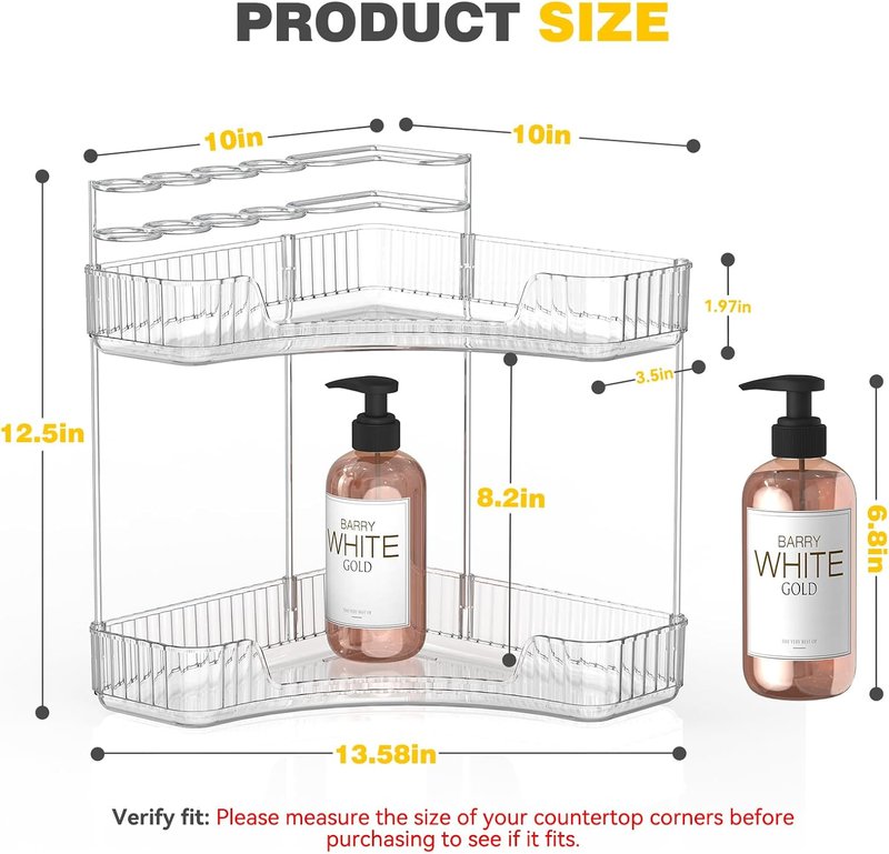 2-Tier Corner Bathroom Counter Organizer - Large Makeup & Skincare Holder | Clear Finish