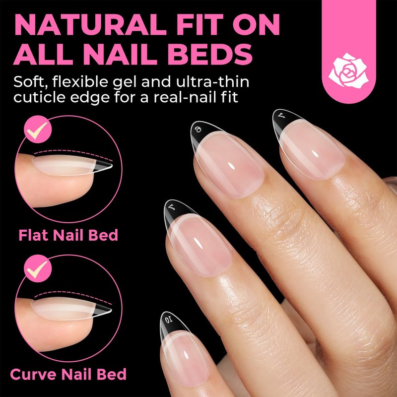 Short Almond Nail Tips - 504PCS Soft Press-On Gel Nails | Pre-Shaped Full Cover Acrylic Gelly Tips in 12 Sizes