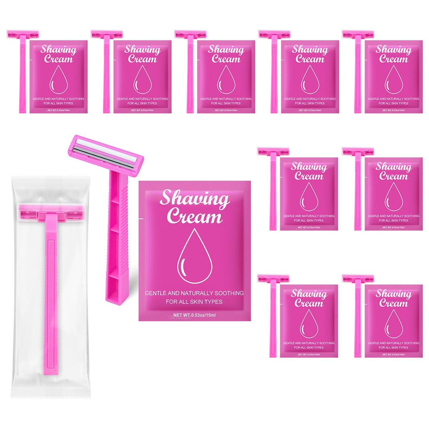 Women's Disposable Razors Individually Wrapped and Womens Shaving Cream Bulk Travel,Twin Blade,Disposable Razors Women Bulk with Clear Safety Cap Care Dry Skin 0.53oz Shave Gel for Travel Guests