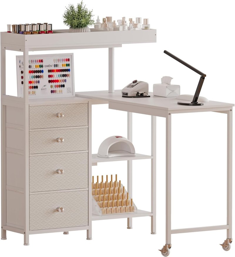 L-Shaped Manicure Table - Rotating Nail Workstation on Wheels with Charging Station | White with Storage Drawers & Shelves