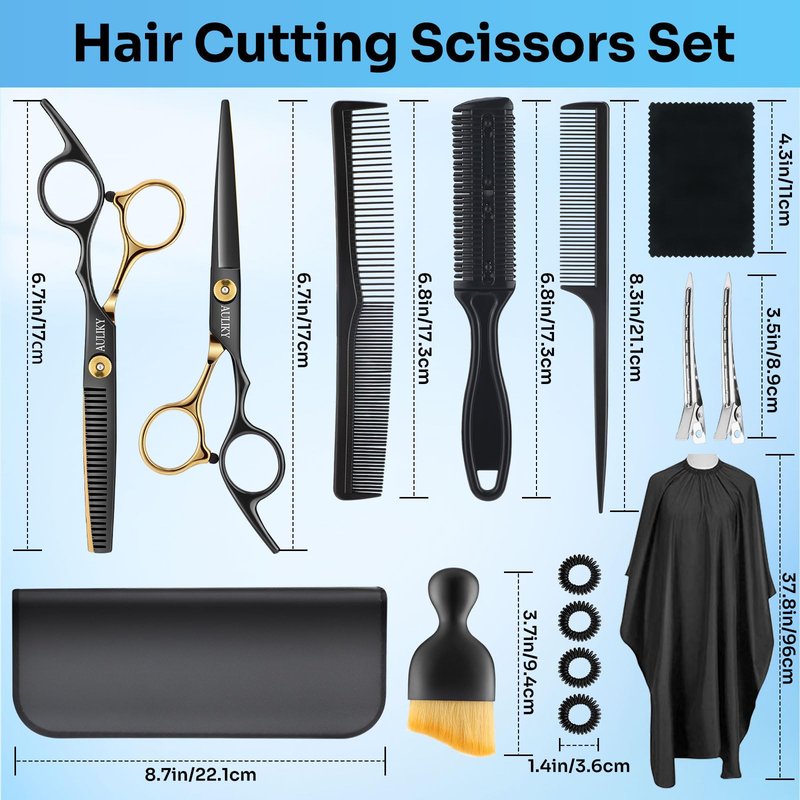 Hair Cutting Scissors Shears Kits, 15 Pcs Professional Stainless Steel Hairdressing Shears Set Thinning Scissors for Barber/Salon/Home/Men/Women/Kids/Adults
