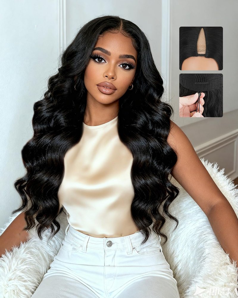 Lysilf V Part Wigs Human Hair 250% Density Body Wave Upgrade U Part Human Hair Wigs with Drawstring No Leave Out No Sew Glueless Clip In Half Wig for Women (Natural Black, 20 Inch)