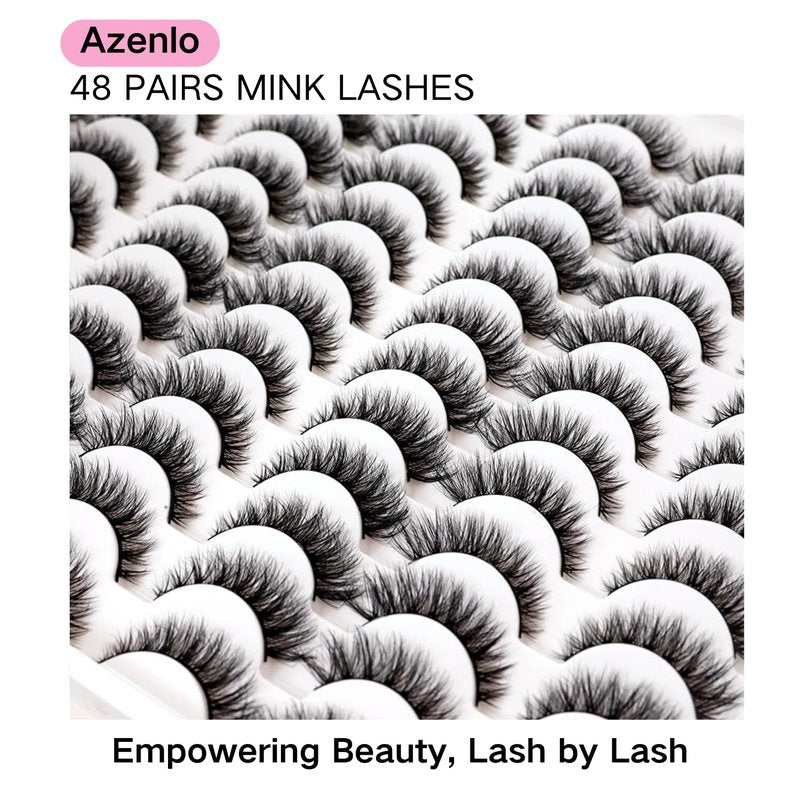 Azenlo False Eyelashes 48 Pairs Faux Mink Lashes 14mm Wispy Lashes 3D Fluffy Cat Eye Lashes Pack Bulk Wholesale Strip Lashes(style 48-045)