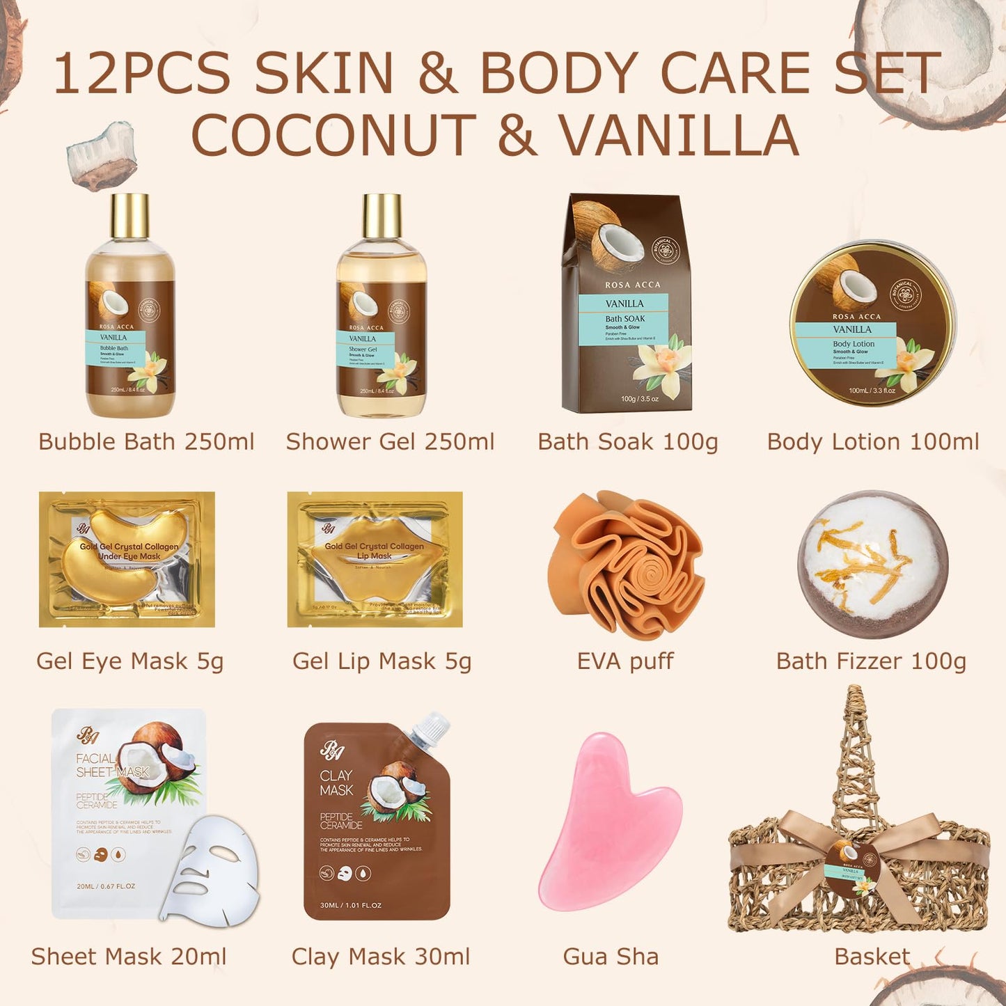 Mothers Day Gifts for Mom, 12pcs Vanilla Coconut Bath and Body Gift Basket Set, Self Care Set, Home Spa Basket Gift, Hydrating Skin Care Set, Anniversary, Birthday, Christmas, Wife