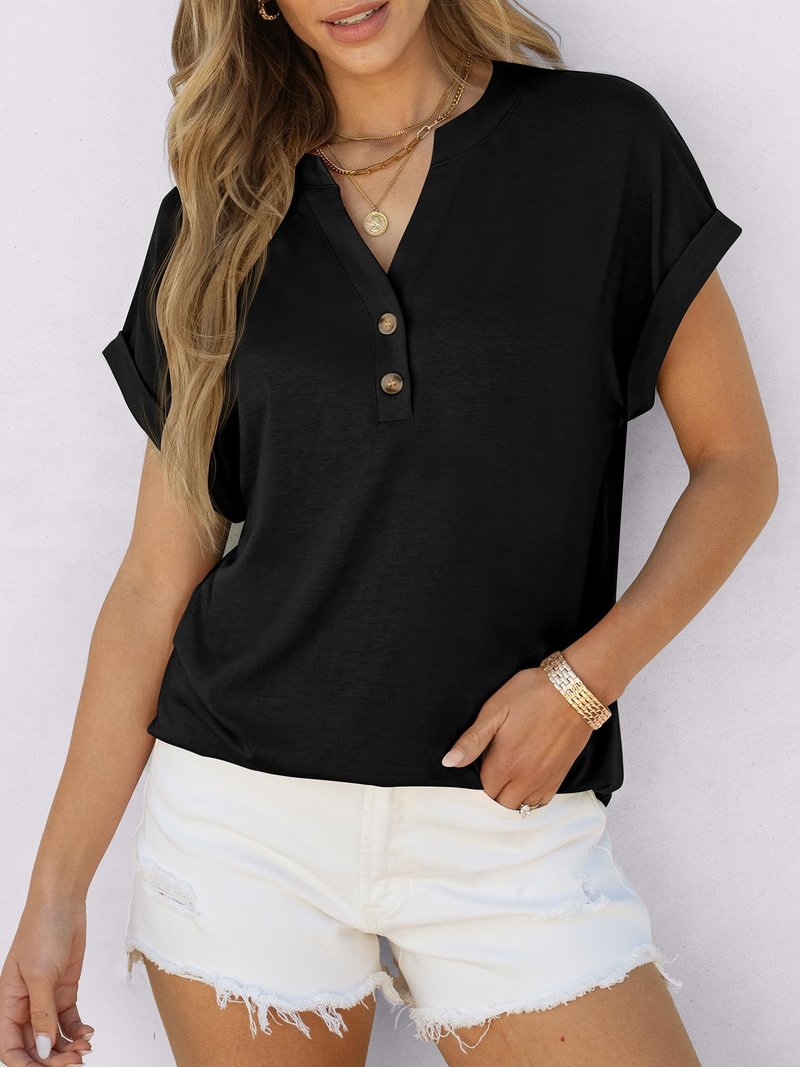 ANRABESS Womens Short Sleeve Henley Tops V Neck Dressy Casual Blouses Summer Trendy Tee Shirts 2026 Vacation Fashion Clothes Black L