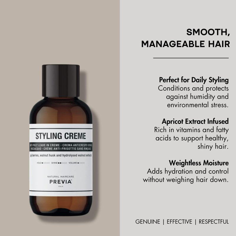 PREVIA Anti Frizz Leave-In Creme - Hydrating Styling Cream for Frizzy Hair with Apricot Extract - Detangles & Preps Hair for All Hair Types - Vegan Paraben Free Moisturizing Frizz Control 3.38 oz