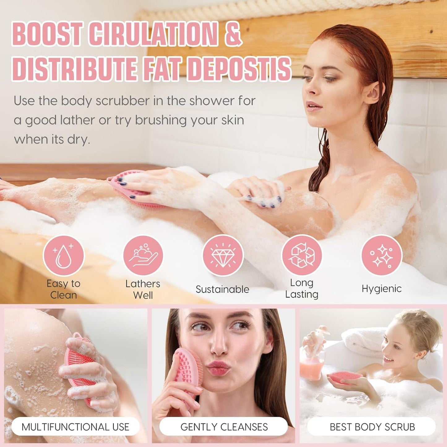 Silicone Body Scrubber Pro 2-in-1 Shower Scrubber for Body Care, Lathers Well, Silicone Loofah and Body Scrubber Exfoliator for Men and Women (Pink+Pink, Body + Massage)