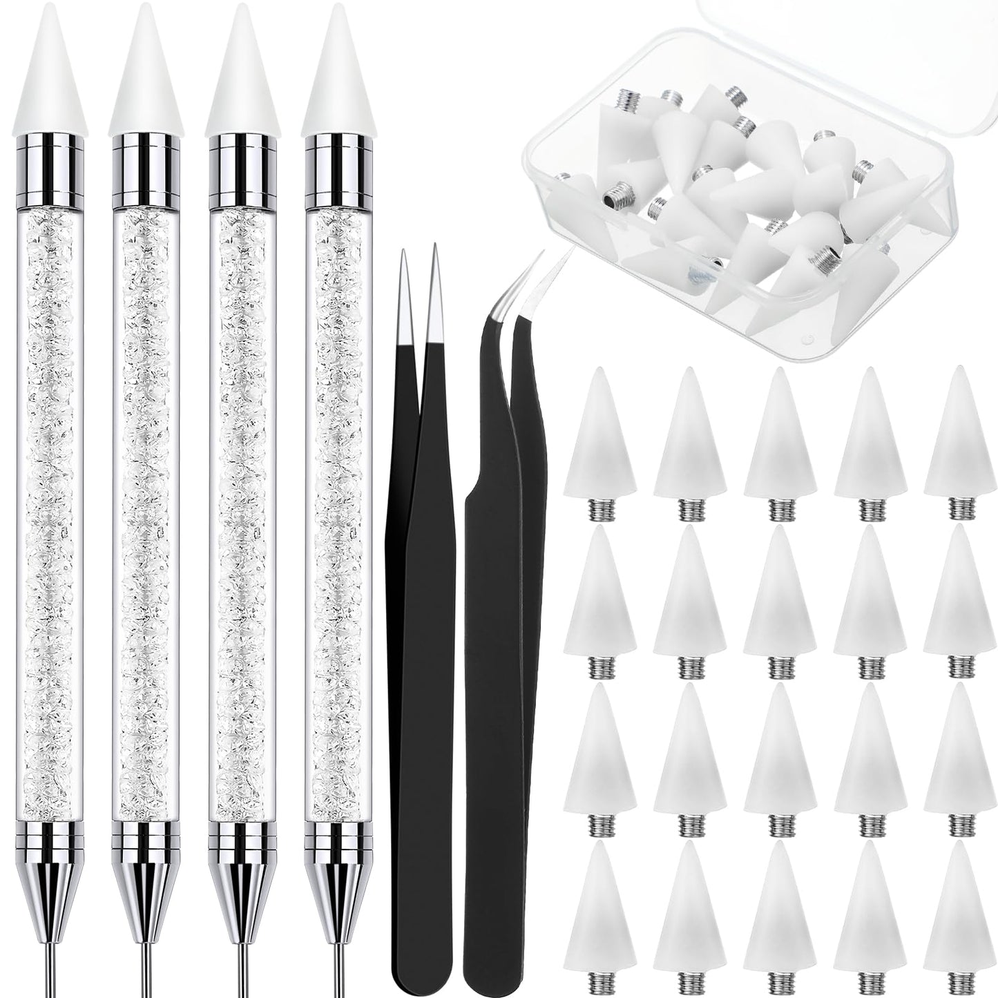 Tatuo 4 Set/26 Pcs Rhinestone Picker Tool Dotting Pen Dual-ended Nail Art Rhinestones Applicator Gems Crystals Beads Picker Wax Pencil with 20 Wax Head 2 Tweezers DIY Nail Art Tool(White,Black)