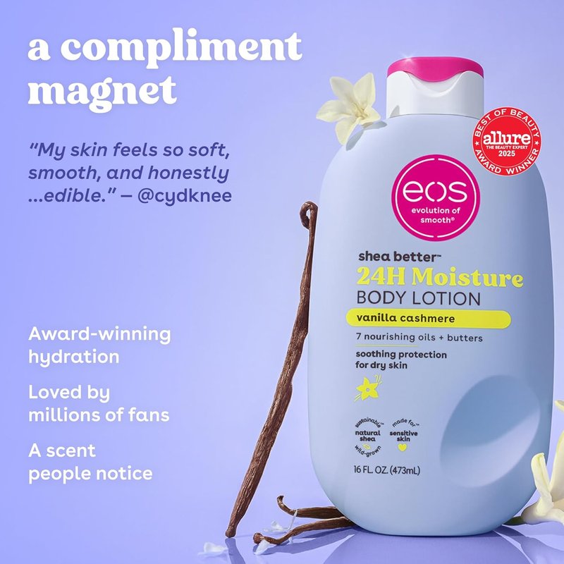 Eos Shea Better Body Lotion - Vanilla Cashmere, 24-Hour Moisture, Lightweight & Vegan | 16 fl oz
