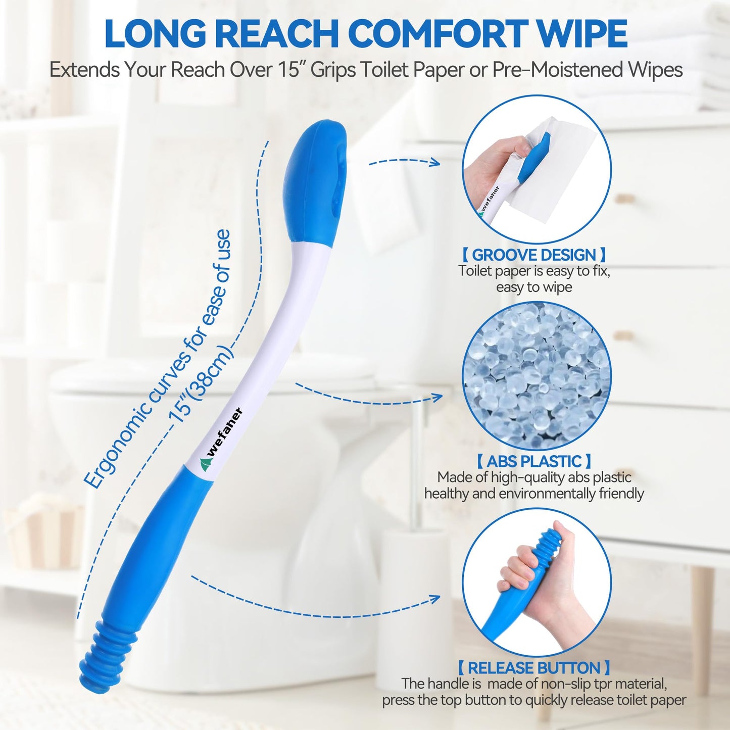 Wefaner Toilet Aids Set for Wiping - Long Handle Butt Wiper, Anti-Slip Curved Handle Bath Body Brush and Curve Hair Brush for People Overweight, Elderly and Disabled People（3PCS Personal Hygiene Kit)
