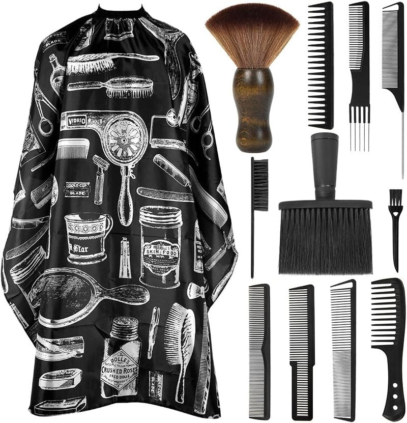 Skiennix 12PCS Hair Cutting Comb Set - Professional Barber Combs & Adjustable Cape with Neck Duster Brush