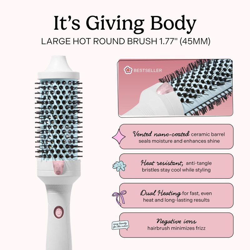Mane Large Heated Round Brush - 1.77 Inch Thermal Brush for Voluminous Blowouts | Ionic Technology & Anti-Tangle Bristles