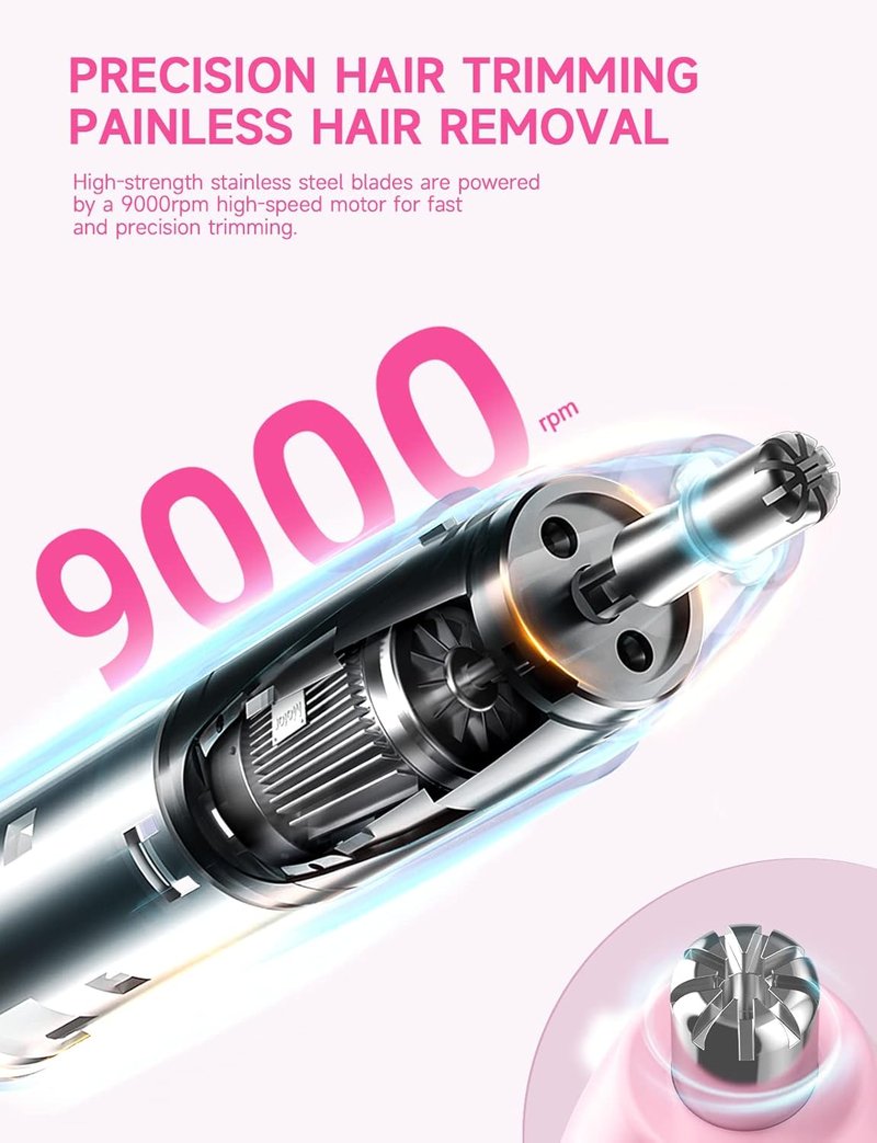 Rechargeable Ear and Nose Hair Trimmer - Professional Painless Eyebrow & Facial Hair Trimmer for Men & Women | Powerful Dual-Edge Blades, Pink