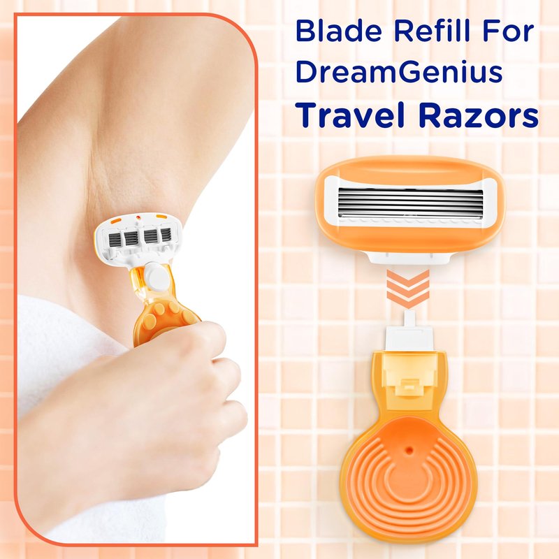 DreamGenius Women’s Razor Blades Refills Include 4 Cartridges, Extra Smooth 5-Blade Travel Razor Refills for Comfort Shaving, Orange