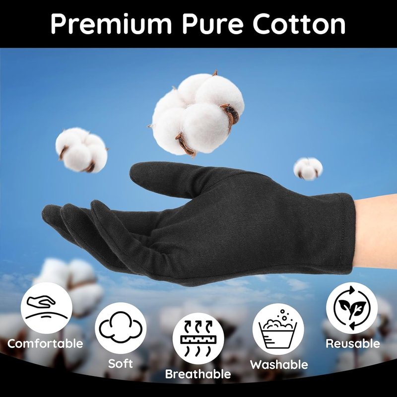 Segbeauty Black Cotton Gloves - 12 Counts Moisturizing Hand Care for Dry Skin | Reusable Spa Gloves
