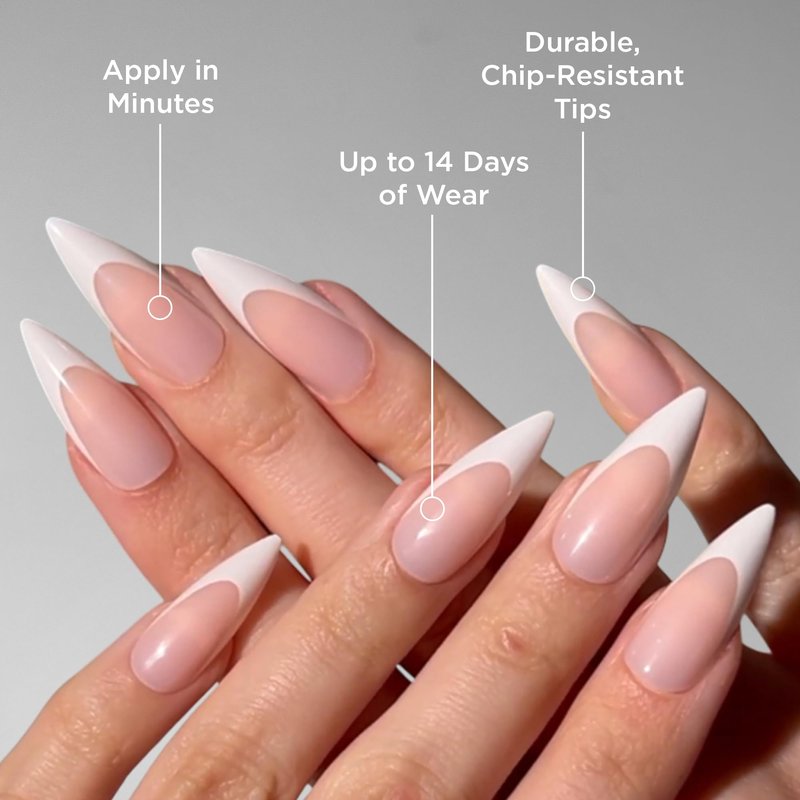 PaintLab Press On Nails - French Tip Stiletto Fake Nails, 30 Nails in 15 Sizes with Glue, Reusable Salon Quality Press On Nails