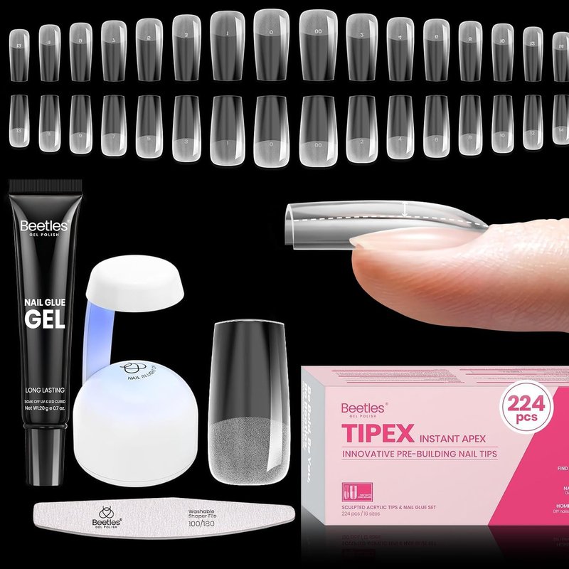 Beetles Tipex Nail Kit - 224 Pcs Square Medium Pre-Etched Fake Nails with Mini Nail Lamp & Glue
