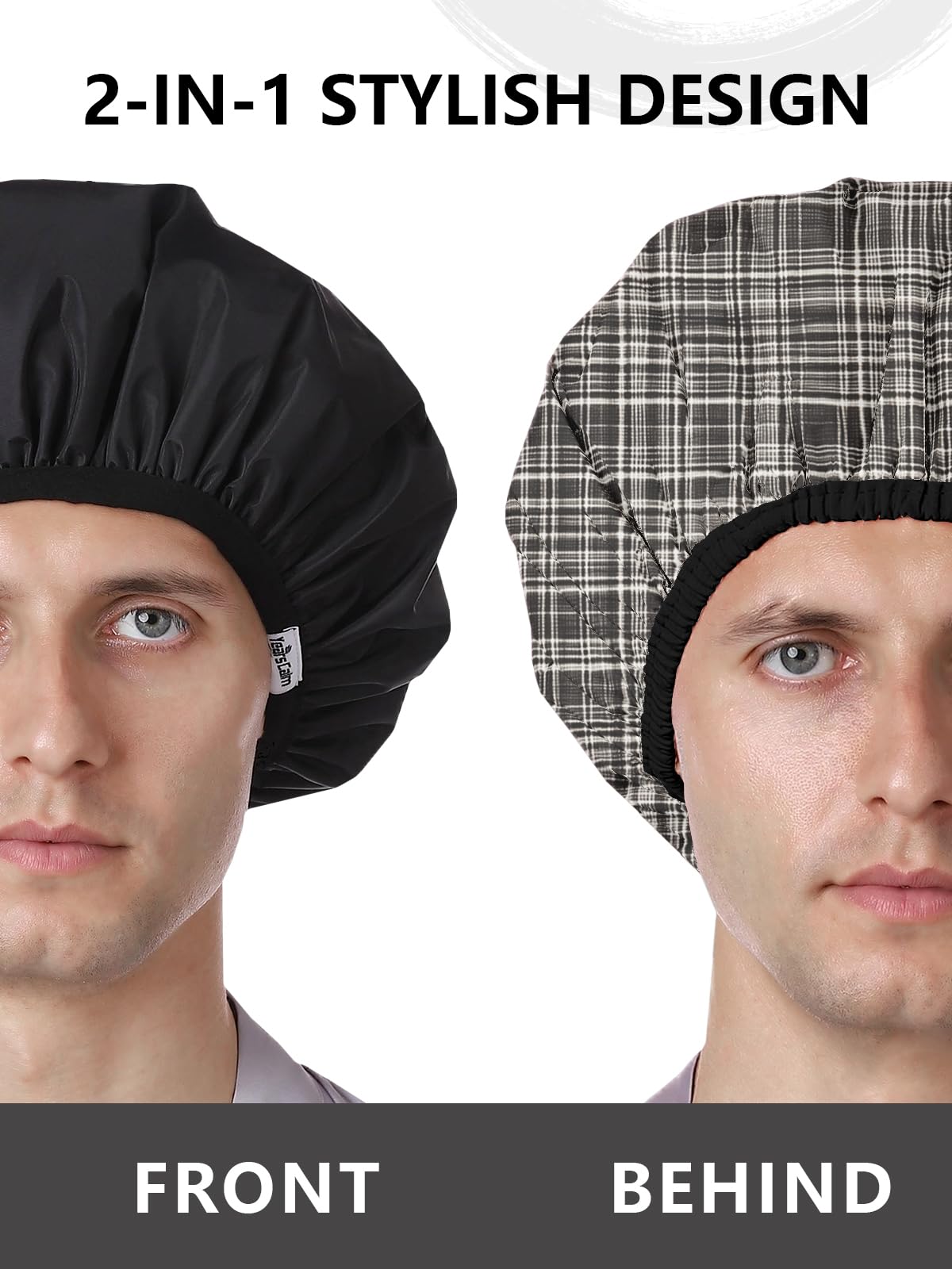 Years calm Men Shower Cap Reusable Waterproof, Dual-Layer Design, Double-Sided Use,Protects Hair in Shower, Spa, Travel & Cooking, Adjustable Elastic for Comfortable Fit (Black Plaid, One Size)