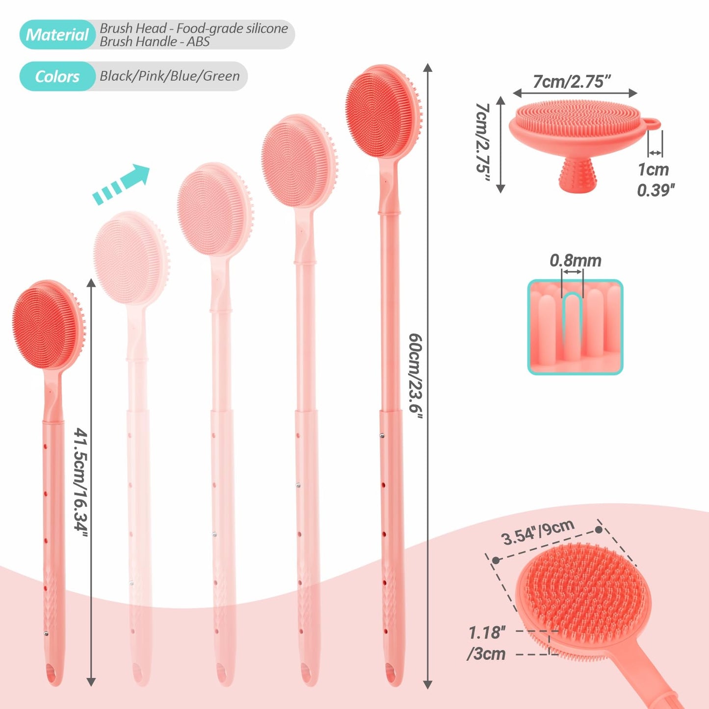GEENOA Adjustable Silicone Back & Face Scrubber Set, 16''-24'' Extendable Shower Back Scrubber with Dual-Side Head and Lathering Bristles, Manual Face Scrubber with Soft Bristle Non-Slip Handle(Pink)