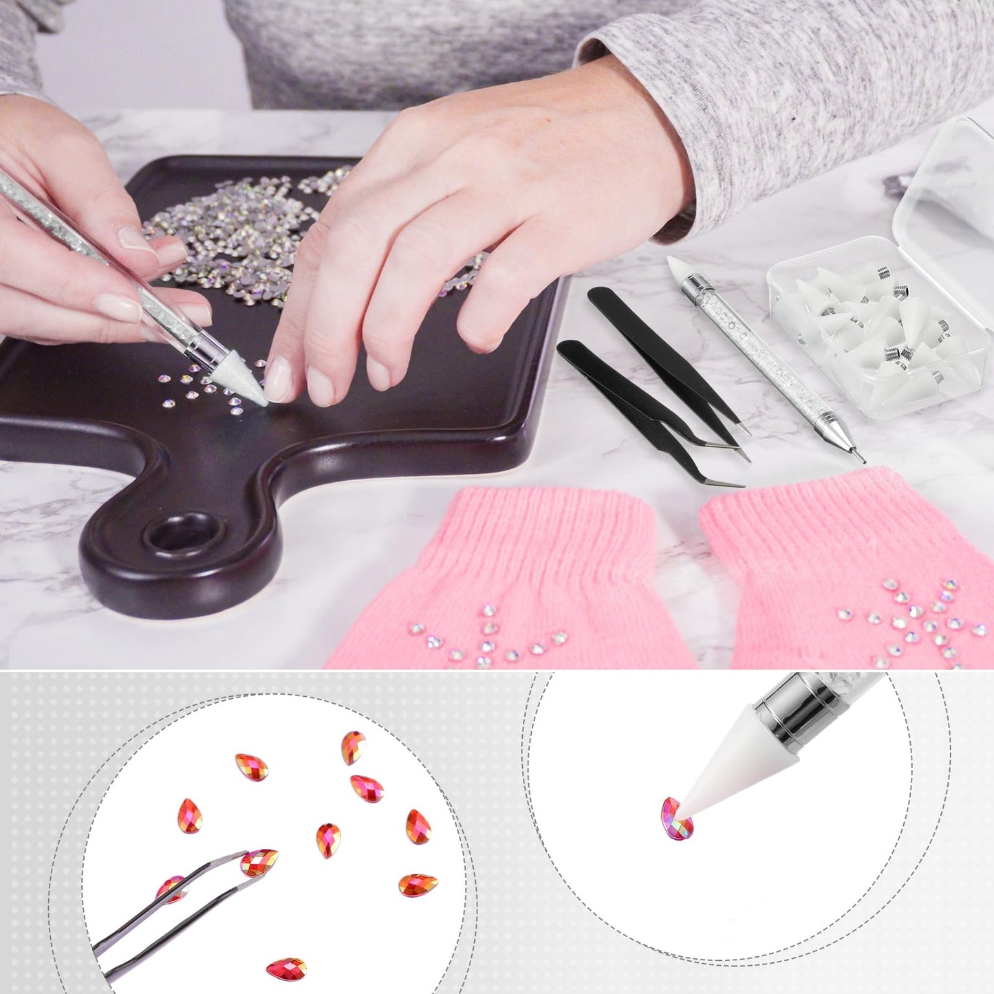 Tatuo 4 Set/26 Pcs Rhinestone Picker Tool Dotting Pen Dual-ended Nail Art Rhinestones Applicator Gems Crystals Beads Picker Wax Pencil with 20 Wax Head 2 Tweezers DIY Nail Art Tool(White,Black)
