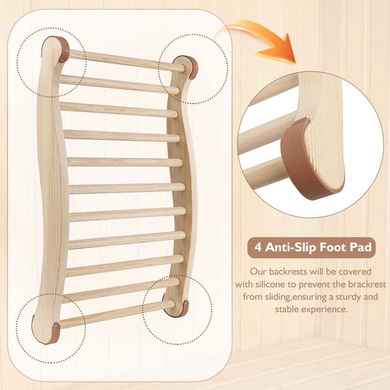 Sauna Backrest Sauna Accessories Wooden Slip-Resistant Non-Toxic Comfortable S-Shape Design Sauna Chair with Back, Sauna Accessories for Any Barrel or Infrared Sauna